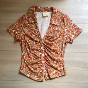 Maeve S/S Ruched Floral Golden Blouse Fall Transition cotton stretch Medium